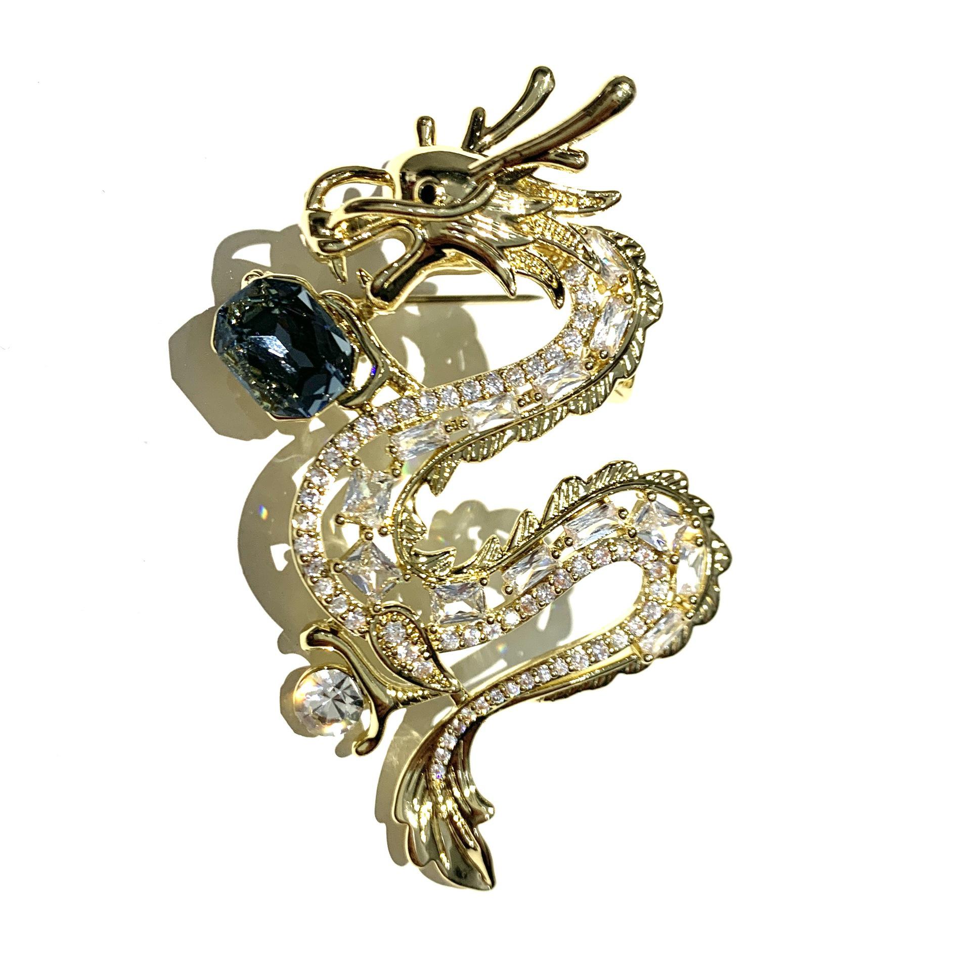 Bo Xin Yun Real Gold-Plated Copper Brooch with Zircon Inlaid Zodiac Dragon Design - High Quality Jewelry