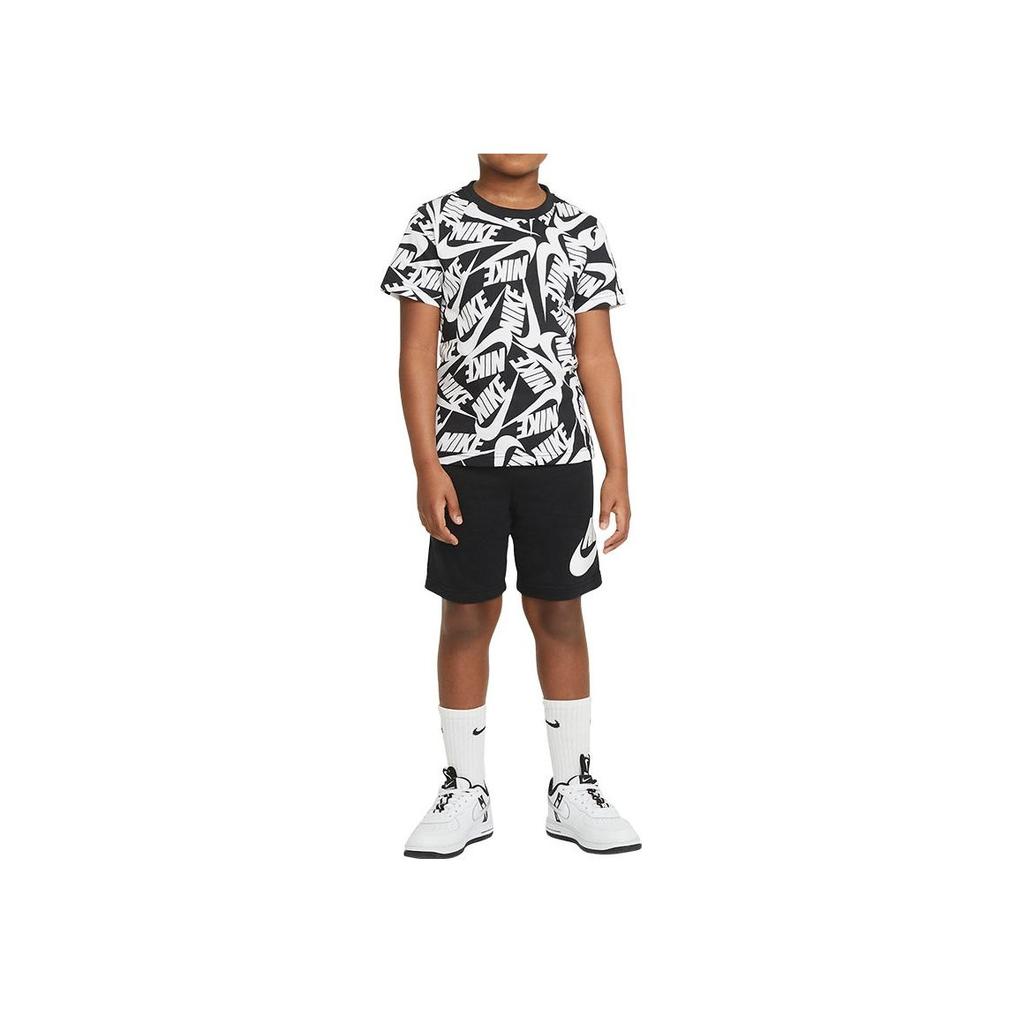 Nike Zestaw T-shirt z krótkim rękawem i spodenki z nadrukiem logo na całej powierzchni Sportswear Okrągły dekolt Zestawy dla dzieci Czarny DM3773-010