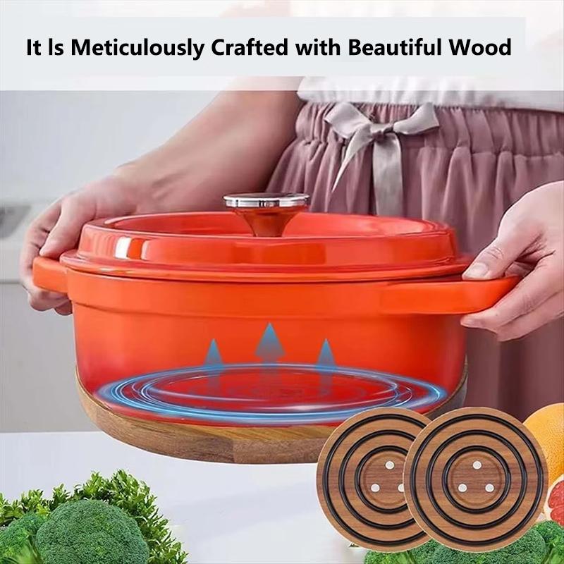 Round Acacia Wood Heat Insulation And Anti-Slip Pot Pad, Black Silicone Ring Magnetic Heating Pot, Bowl And Plate Anti-Scald Pad