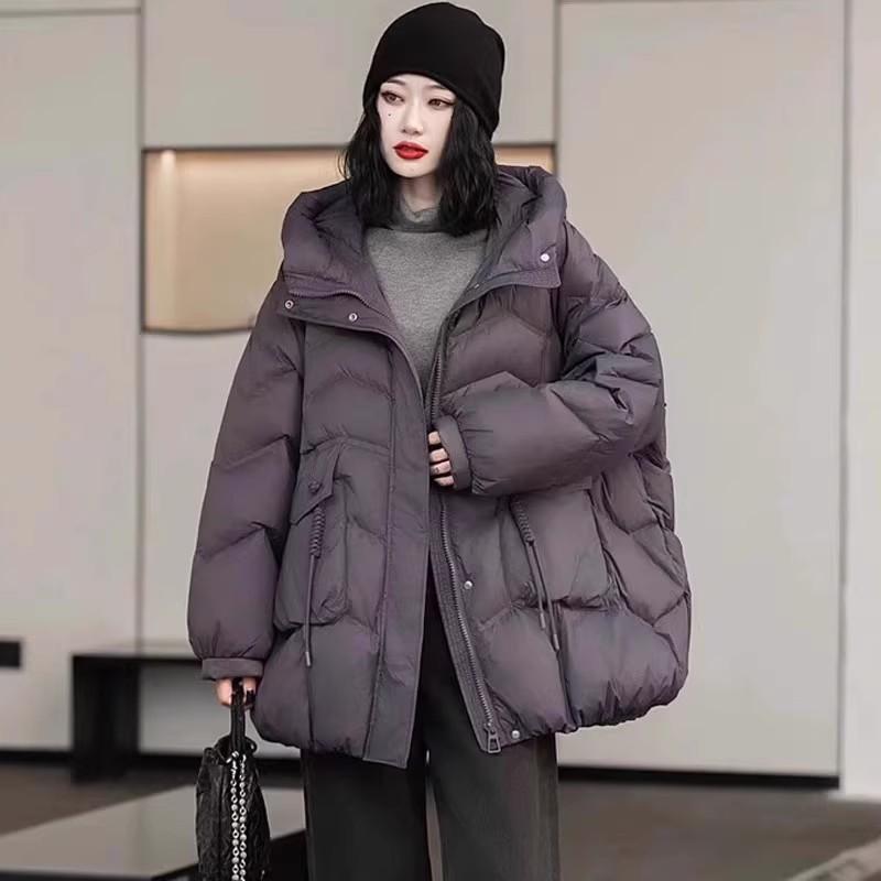 Womens Warm Hooded Down Jacket With Large Pockets Button Decor 2026 Fall Winter Loose Fit