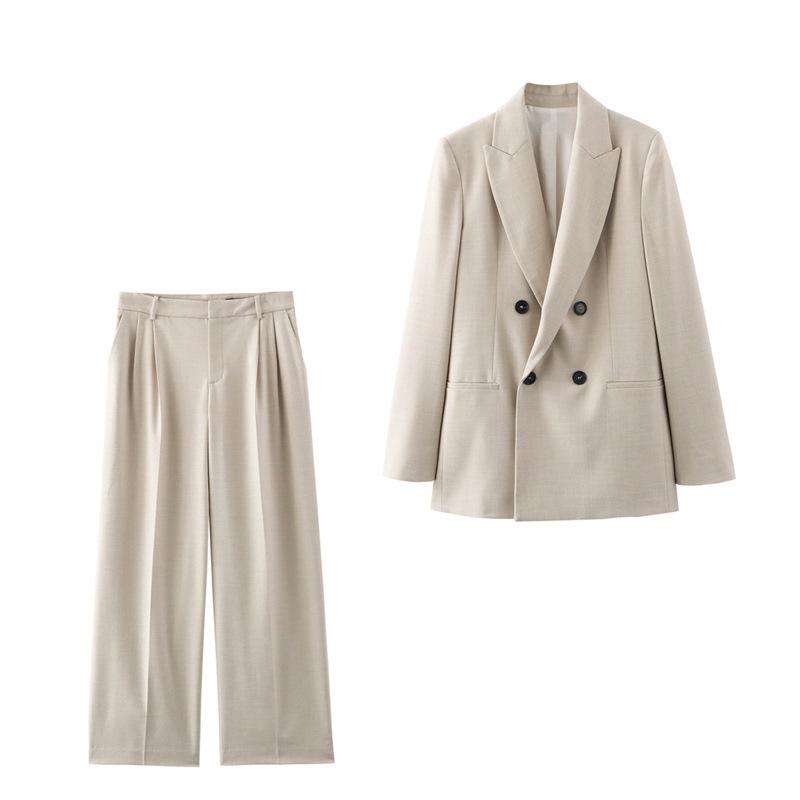 TAOP&ZA Women's Spring/Summer Double-Breasted Suit Jacket with Wide-Leg Pants - Commuting Style 