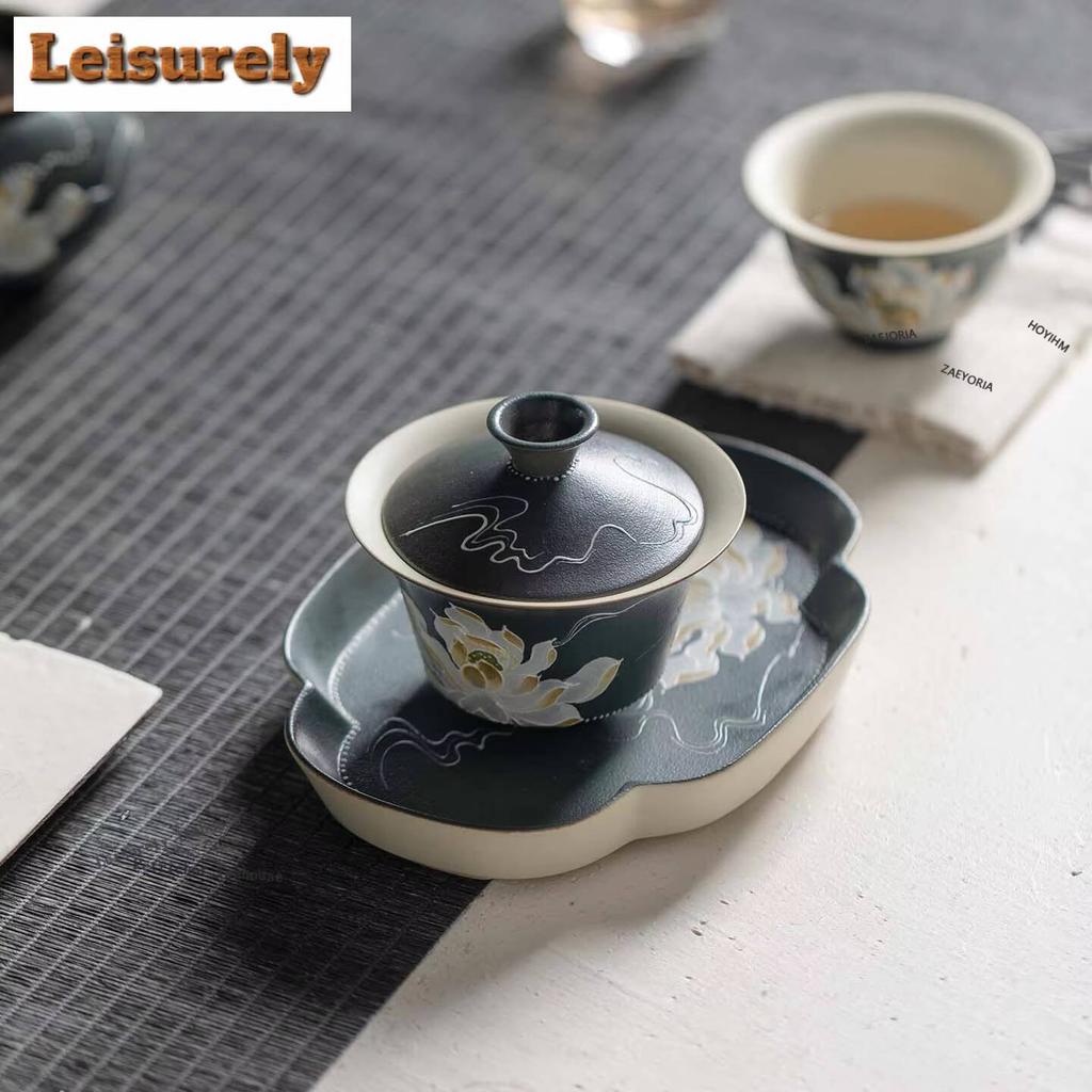 111ml Auspicious Clouds Ink Lotus Gaiwan Zen Tea Tureen Tea Bowl With Lid Kit Tea Maker Cover Bowl Kung Fu Tea Set Collection