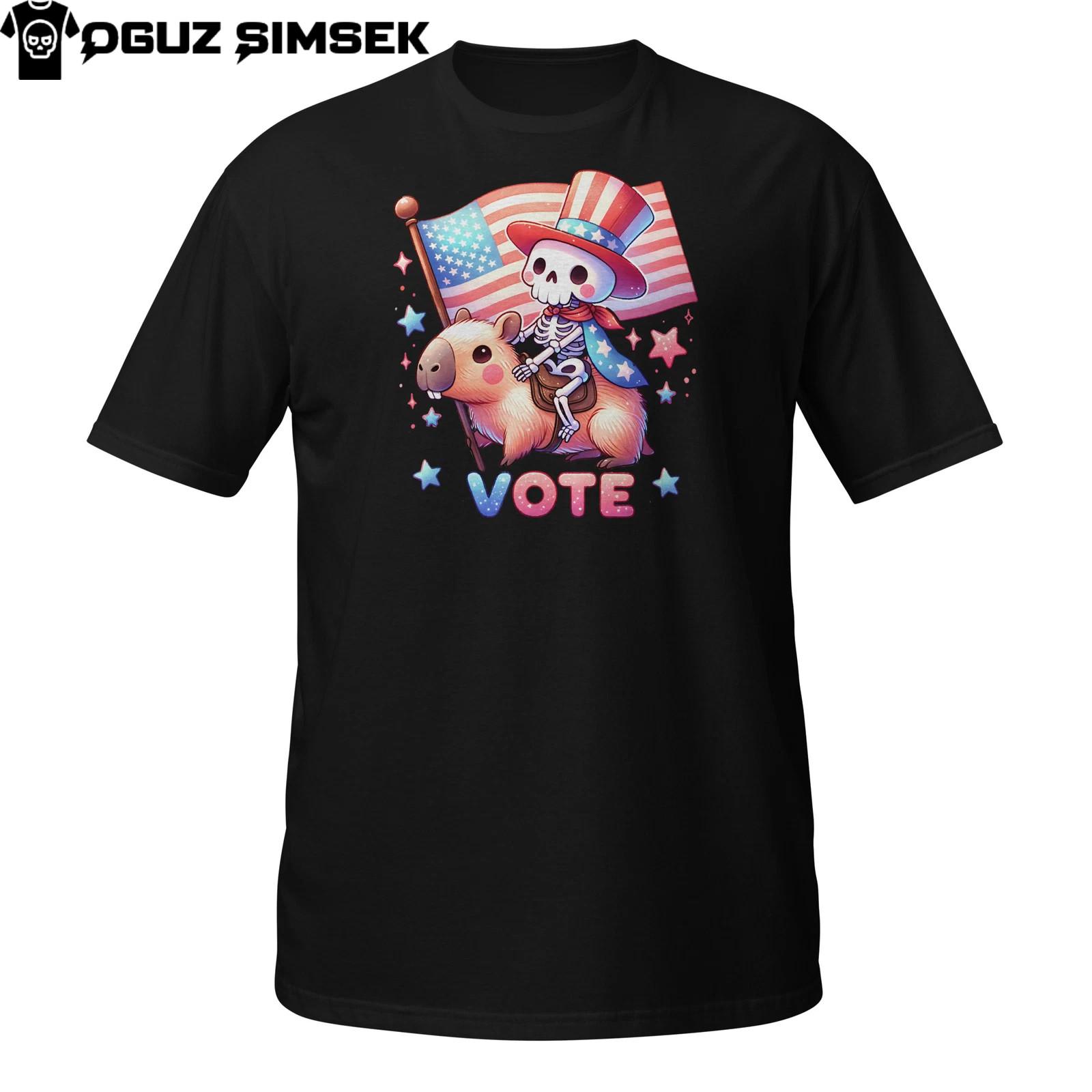 Funny Vote T-Shirt Mens Womens Tees Top – Skeleton Riding Capybara With Flag | Patriotic Animal Tee XL