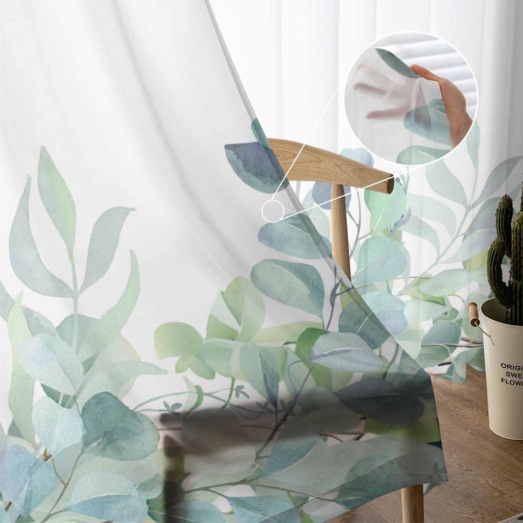 Spring Watercolor Plant Eucalyptus Leaves Sheer Curtains for Living Room Decoration Window Curtains Kitchen Tulle Voile Curtains