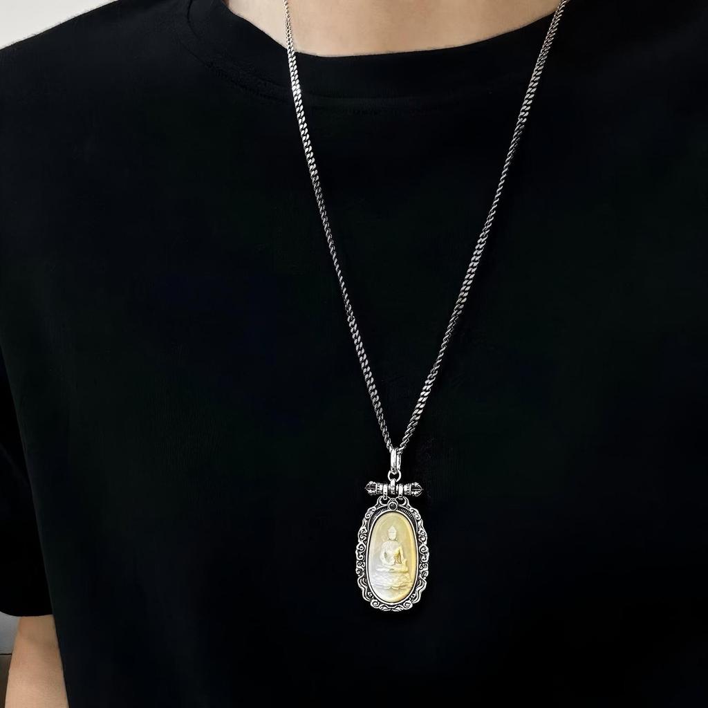 S925 Sterling Silver Medicine Buddha Pendant with Natural Shell Carving, Ethnic Auspicious Clouds Design, High-End Fashionable Necklace.