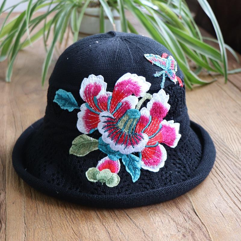 Vår og sommer etnisk vind broderi blomst sammenleggbar hatt dame strikkelue sandbøttehatt