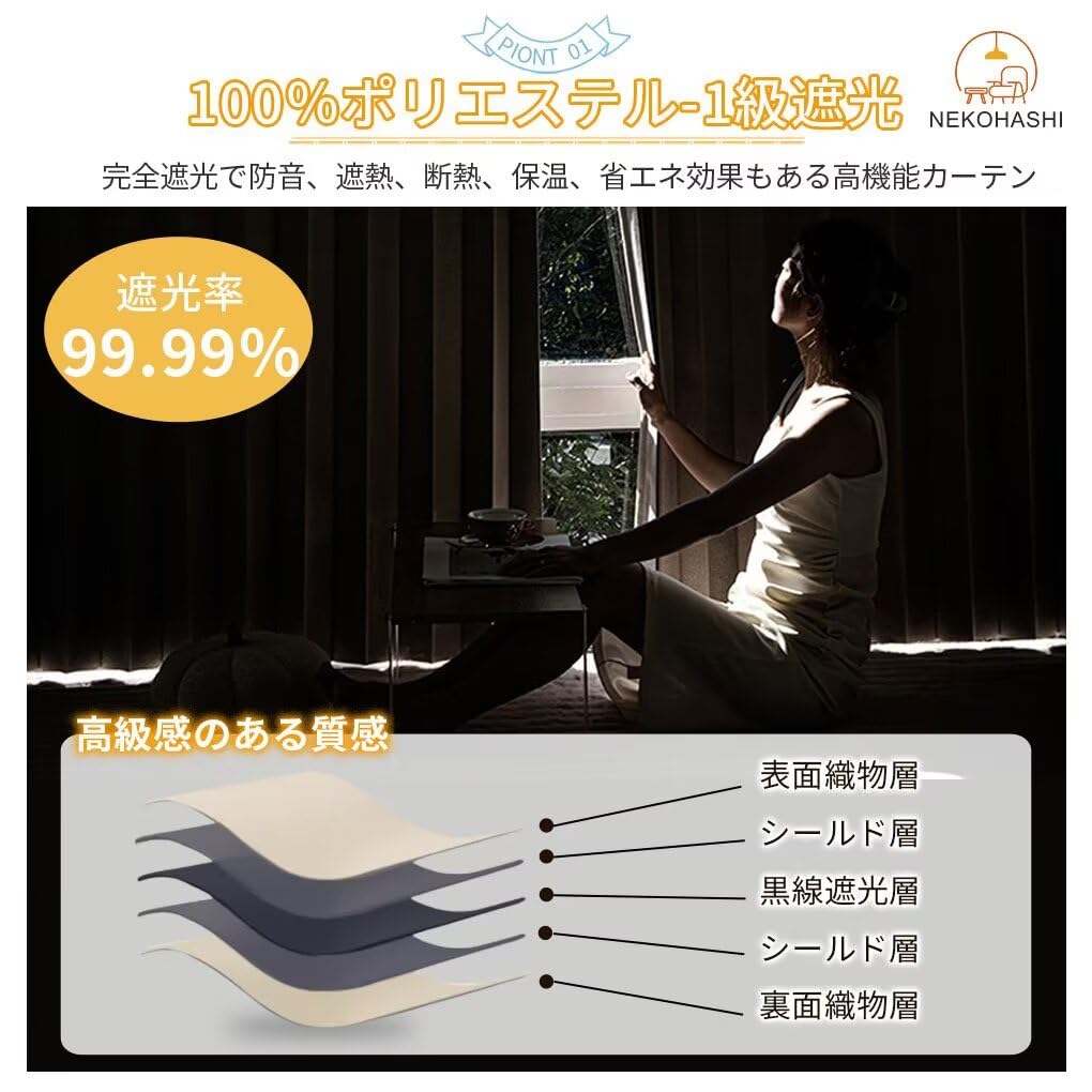 NEKOHASHI Blackout Room Thermal 240cm 120cm Grade 1 Light Blocks Out Over of Single Nordic Accordion Room Energy Shape Heat Cold Tension Rod Solid