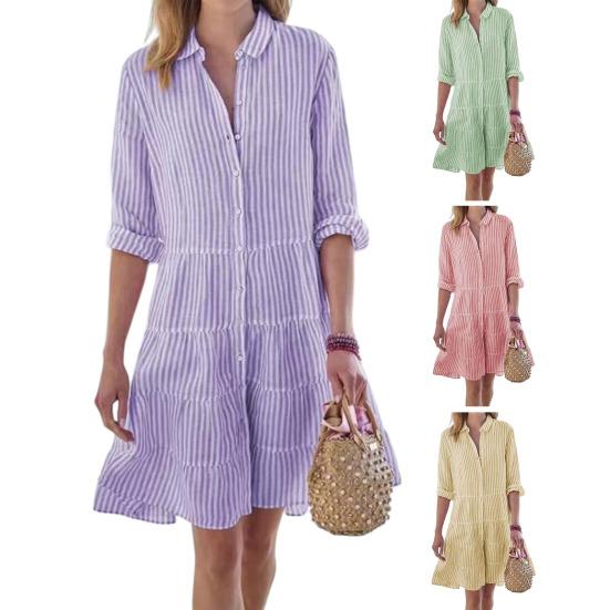 Damen Gestreiftes Button-Down-Hemdkleid Lässig Locker Langarm Mehrlagig Schwingend Tunika Kleid Sommer Strand Sonnenkleid