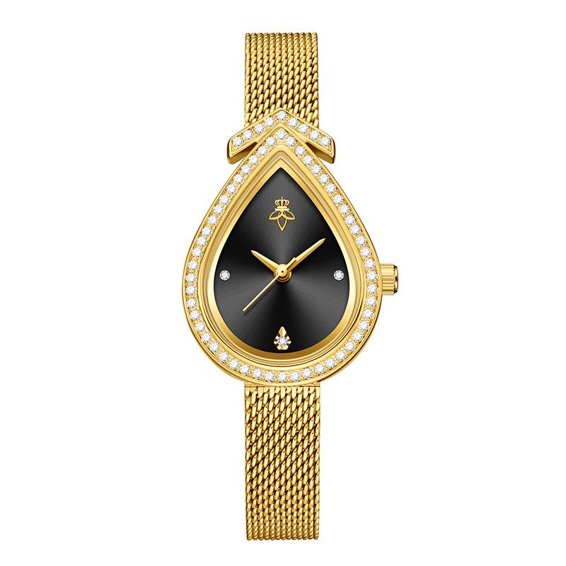 Yalalusi Teardrop Diamond Women's Gold Mesh Quartz Watch - Light Luxury, Waterproof, with Calendar