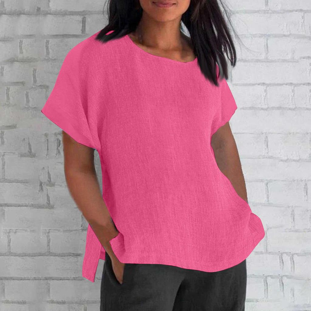 Women's Fashion Short Sleeve Round Neck Solid Colour Loose Casual Shirt Cotton Blouse