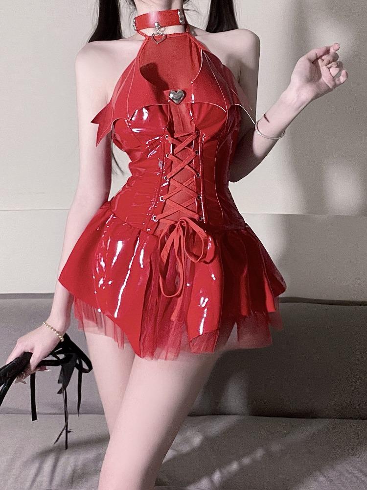 Cosplay Costume Halloween Sexy Dress Little Devil Dress Festival Party Gift Patent Leather Strap Neck Hanging Dress Uniform Set