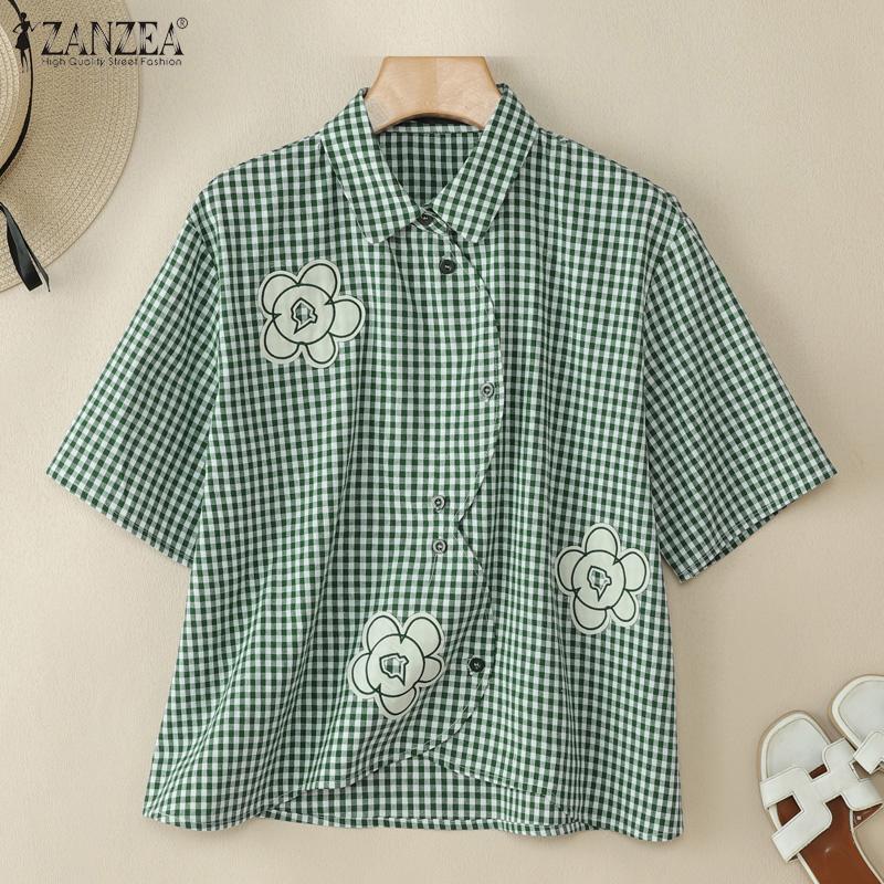ZANZEA Women Turn Down Collar Loose Plaid Print Short Sleeve Blouse