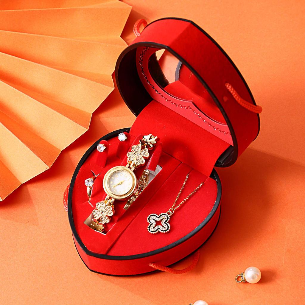 Heart-Shaped Diamond Watch & Necklace Set - Stainless Steel Gift Box for Teacher's Day or Holiday Gift for Girlfriend