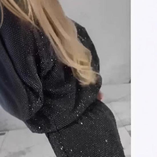 Women's Set Sequined Long Sleeve Round Neck Loose Top Drawstring Straight Pants Two Piece Set