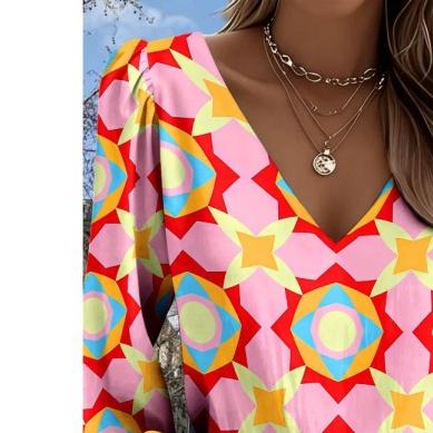 Lady Bohemian Retro Western Style Shirt with V-neck and Long Sleeves, suitable for casual outfits and vacations, relaxed and loose shirt