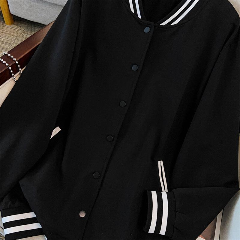 Plus Size Women S Black Cotton Baseball Jacket Long Sleeve Round Neck Casual Cardigan Coat