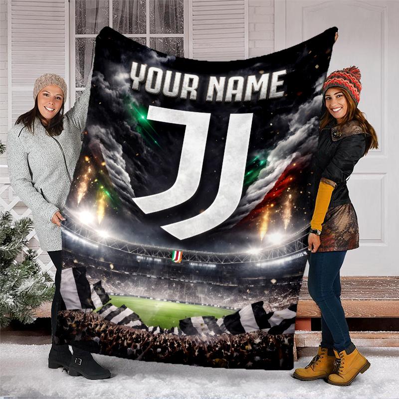 1pc Personalized Name Juventus Theme Blanket - Digital Print, Polyester, Cozy for All Seasons, Perfect for Outdoor, and Travel