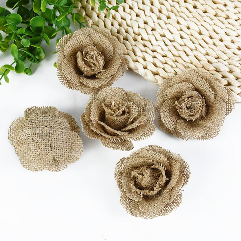 1-5Pcs Jute Hessian Burlap Rose Flowers Heads DIY Linen Handmade Flower Craft Accessories Vintage Rustic Wedding Home Decoration