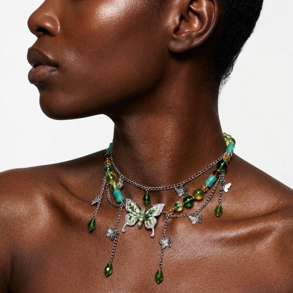 Y 2 K Choker Chain Necklace Green Crystal Rhinestone Butterfly Necklace Collarbone Chain