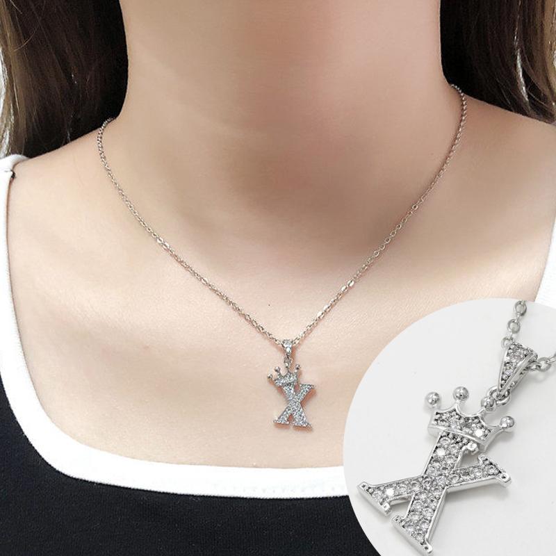 Cubic Zirconia Crown Letter Pendant Necklace Silver Hip Hop Punk Alphabet Jewelry