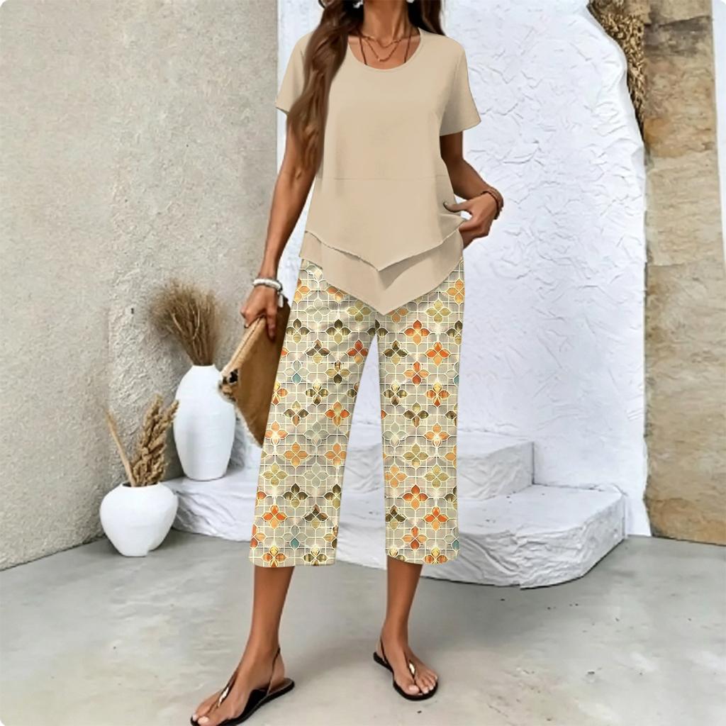 Women Casual Two Piece Set Short Sleeve Round Neck Top with Layered Hem and Printed Cropped Pants Comfortable Summer Outfit