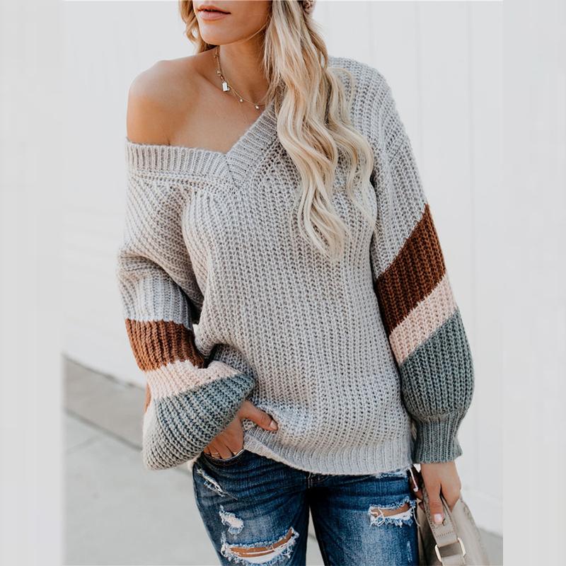 Свитер женский с v-образным вырезом и рукавами-фонариками в полоску — фото 3