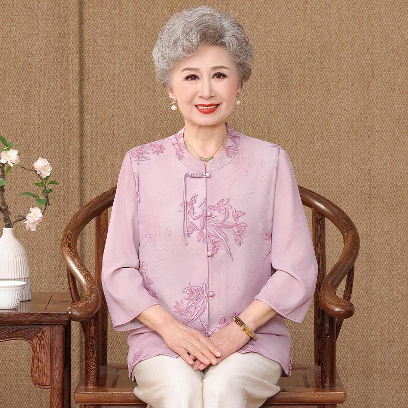 

Stylish Ice Silk 3/4 Sleeve Tang Suit Shirt for Elderly Women (60-80) L [up to 100 jin]