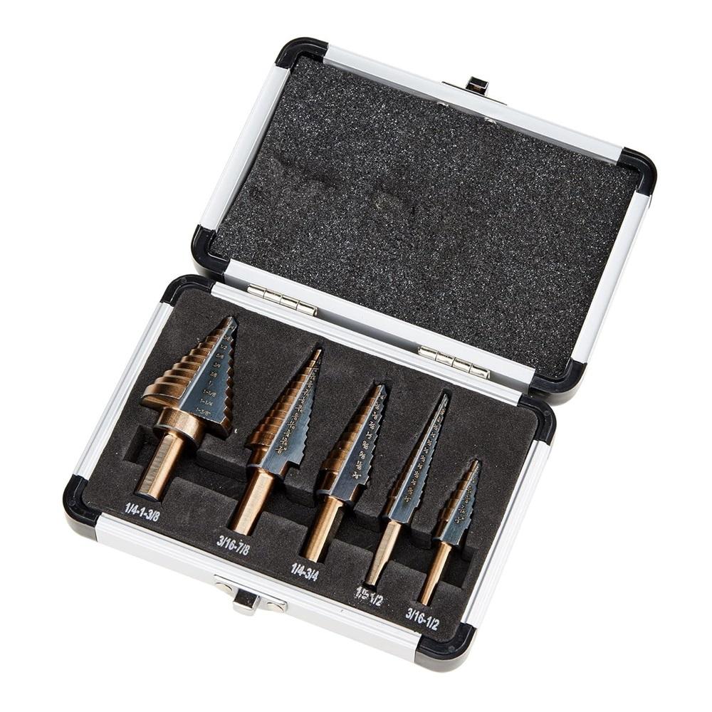 Step drill bits, HSS 5-piece titanium step drill bit set, 5-piece high-speed steel drill bit set, including 50 sizes