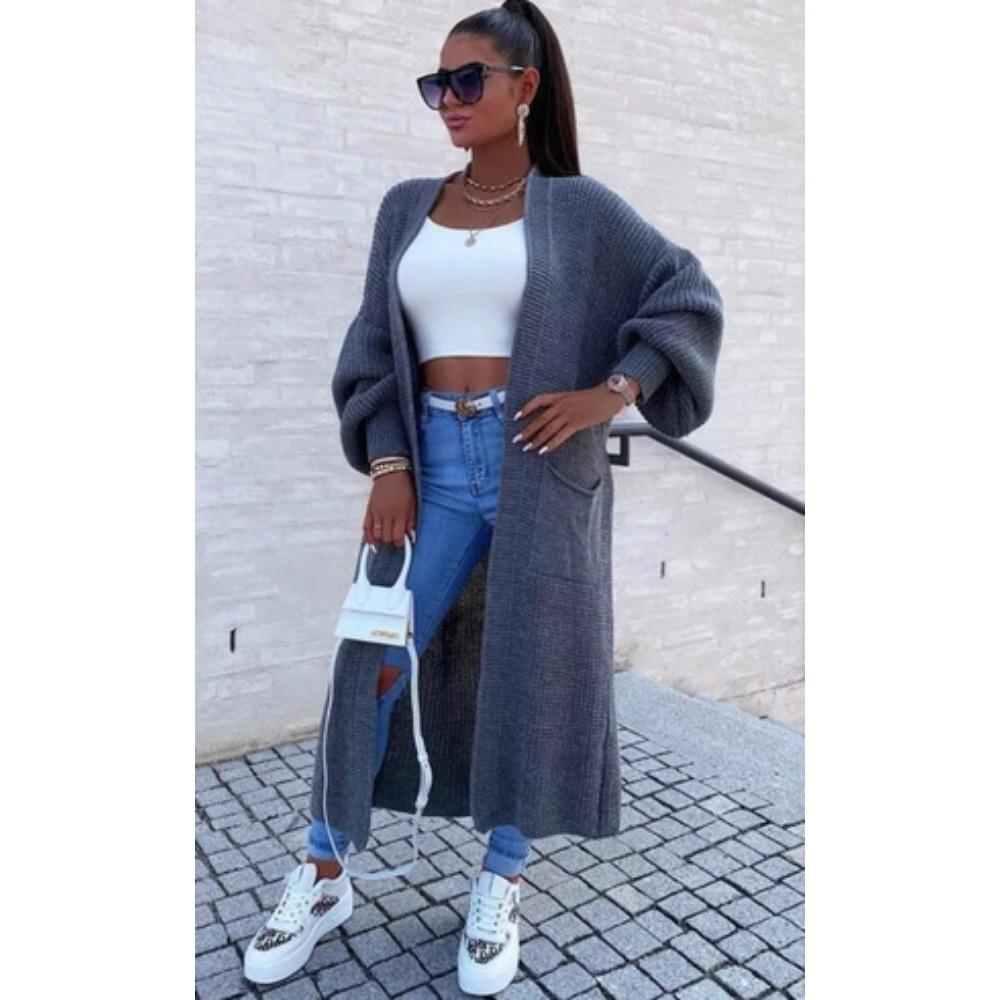 Chun-needle Knitted Sweater for Autumn and Winter Women's Outerwear, Solid Color Large-sized Long Pocket Cardigan Coat