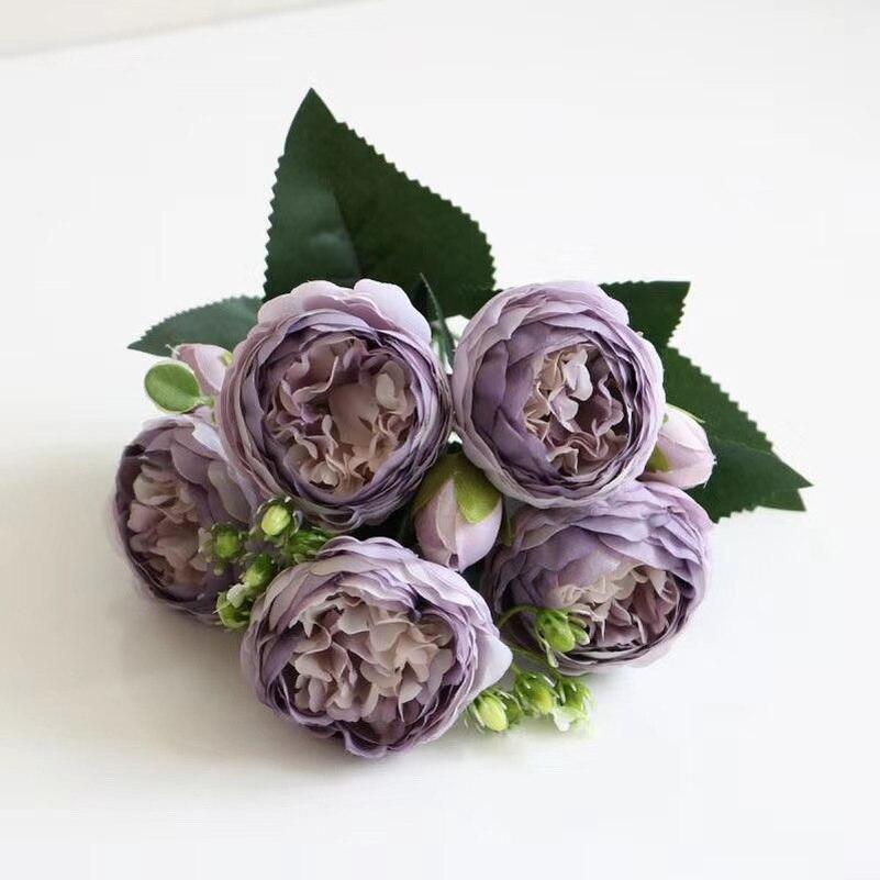 30cm Rose Pink Silk Bouquet Peony Artificial Flowers 5 Big Heads 4 Small Bud Bride Wedding Home Decoration Fake Flowers Faux