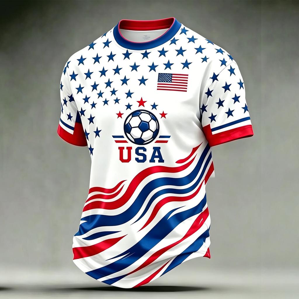 Men's Casual Printed Crew Neck Lightweight Breathable Short Sleeve Shirt Soccer Themed Graphic Design USA Map and Flag Pattern
