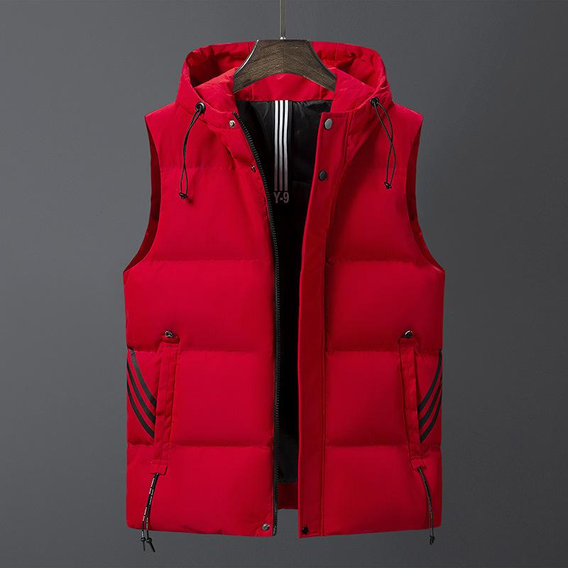 Men's Winter Washed Cotton Vest Large Size Slim Fit Hooded Vest Youth Three Stripes Versatile Sleeveless Jacket