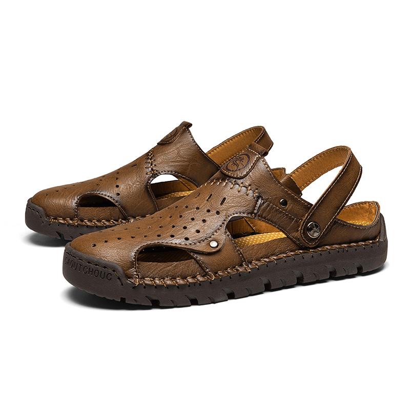 Summer Soft Sole Slippers Cowhide Sandals Comfortable Shoes Baotou Sandals Hollow Out Leather Non-Slip Outdoor Breathable Shoes