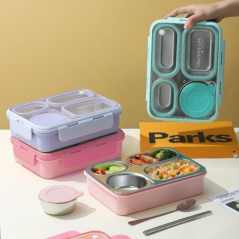 Leak-Proof Stainless Steel Square Lunch Box with Four Compartments: Portable, Multi-Functional, Ideal for Work or School, Customizable Logo