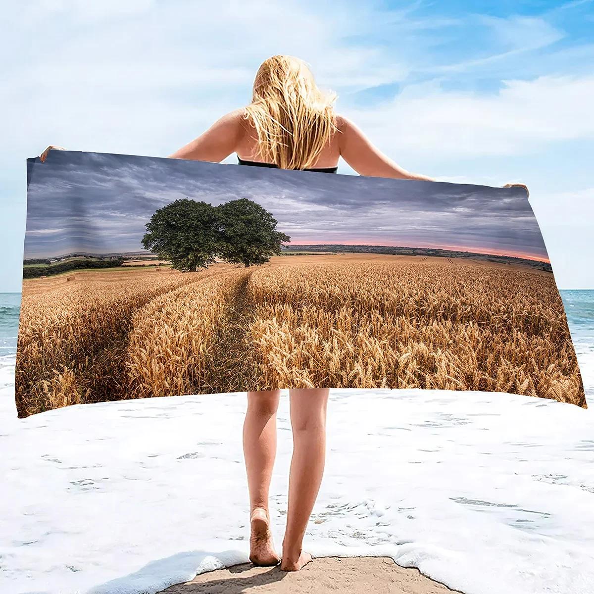 

Wheat Field Beach Towel Quick Dry Sand Free Lightweight Golden Oversized Large Microfiber Beach Towel Swimming for Adults Kids W40*H60(CM)