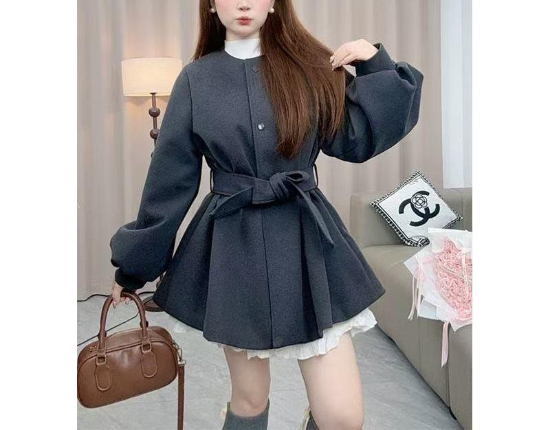 Black Round Neck Woolen Coat for Petite Women - Winter Style with Lantern Sleeves and Fitted Waist