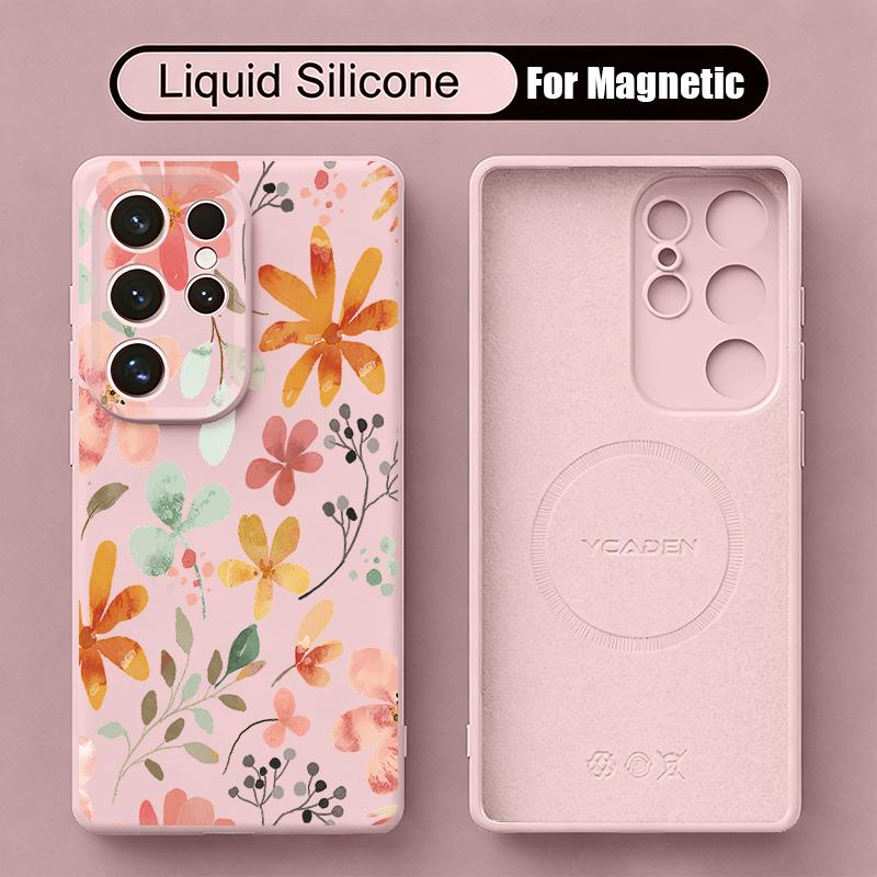 Cartoon Daisies Flowers Liquid Silicone Case For Samsung S26 Ultra S25 S24 Plus S23 S22 Ultra Magnetic For Magsafe Soft Cover