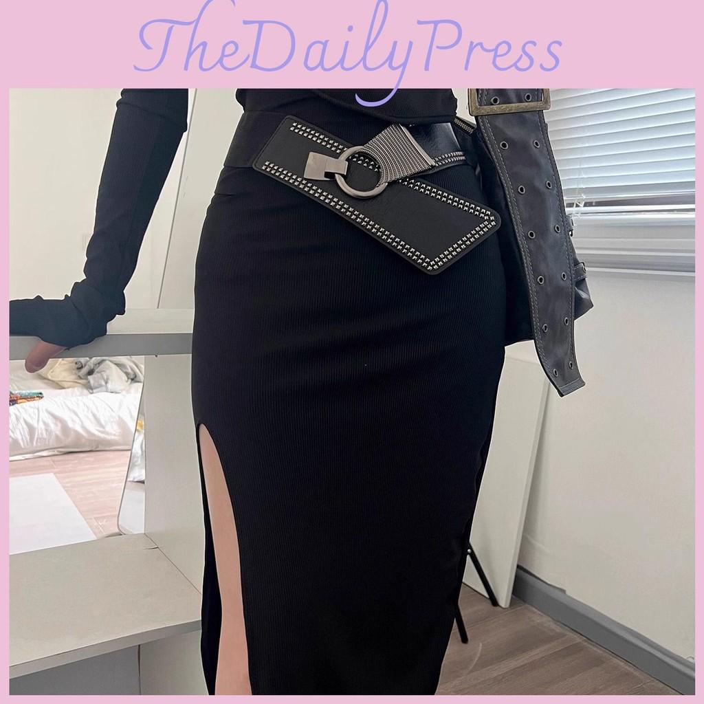 Fashion Rivet Decoration Women Casual Solid Color Elastic Wide Waistband