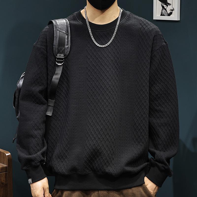 Herrhöst/Vinter Svart Jacquard Rundhalsad Huvtröja med Sammetfoder