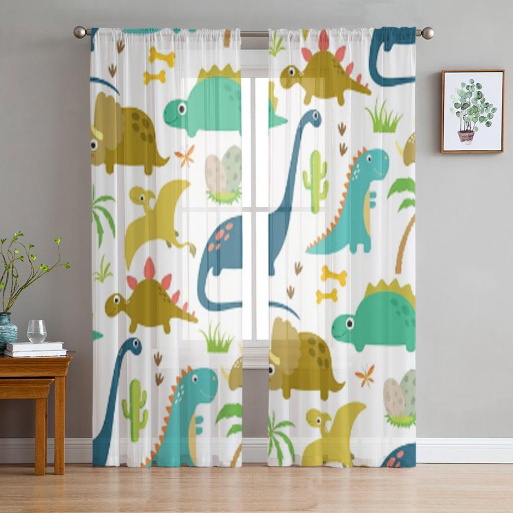 Djurgrön dinosaurieväxt Tyll Skira fönstergardiner för vardagsrum Kök Barn Sovrum Voile Hänggardin