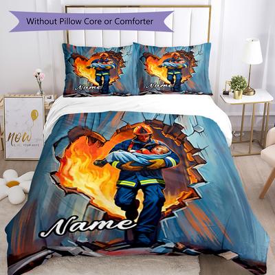 Firefighter Customize Your Name Bedding Set Breathable Duvet Cover With Pillowcases Decorative Bed Linen For Bedroom Home Decoration Birthday Gift