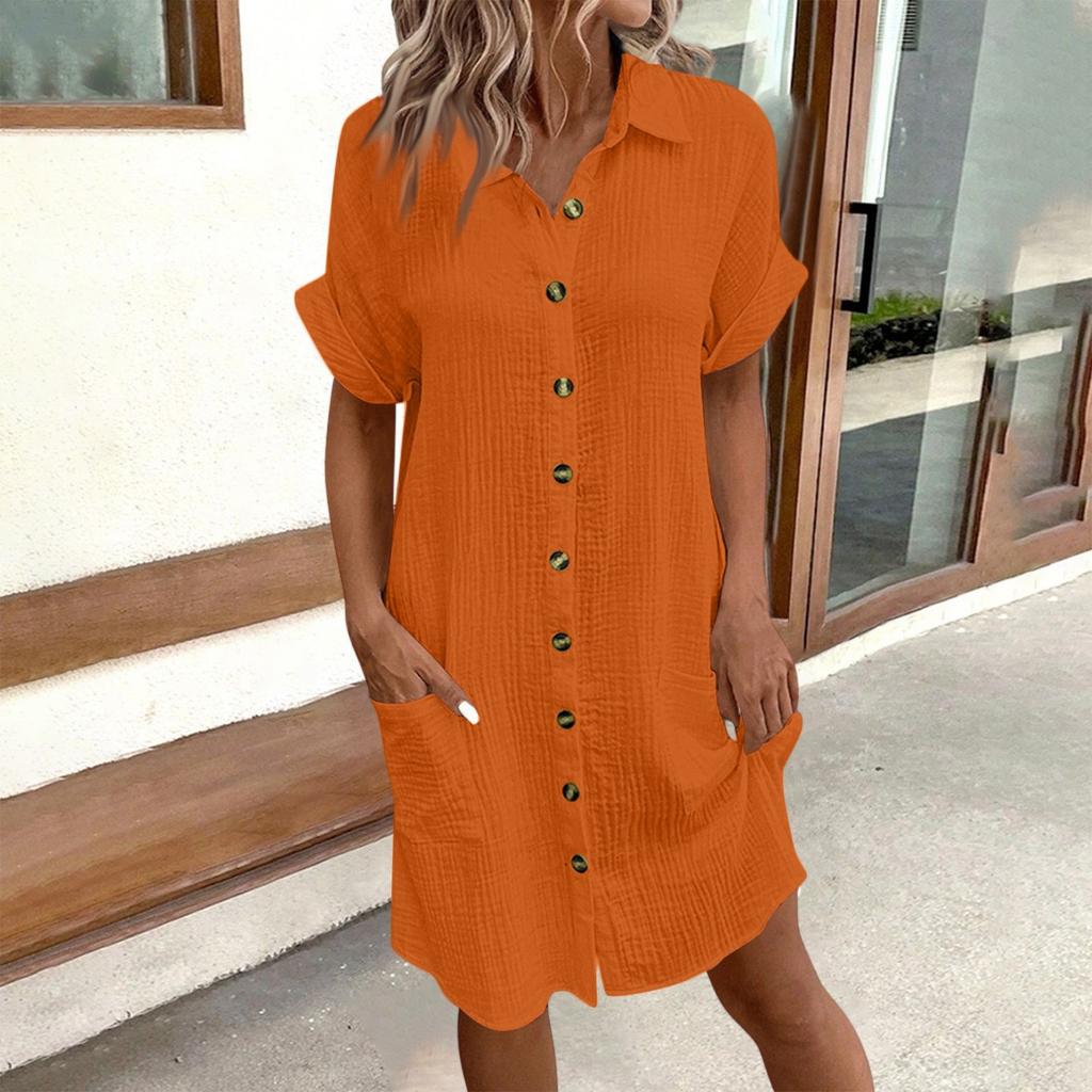 Fashion Women's Summer Casual Short Sleeve V-Neck Button Dress