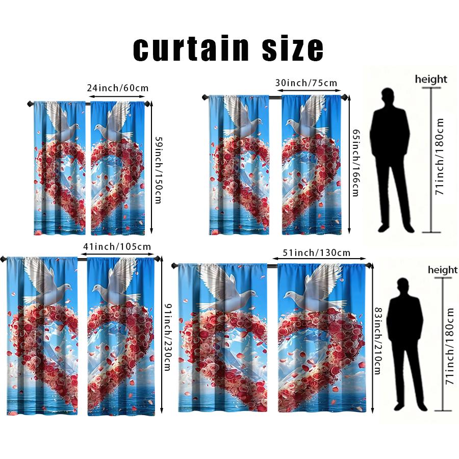 2PCS blue background   red rose   white dove curtains   romantic and festive   bedroom and living room   drawbar pocket style