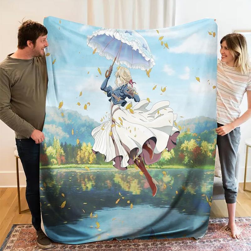 Violet Evergarden Anime Flannel Throw Blanket, Soft Blanket for Sofa Bed, Anime Girl Umbrella Landscape Print Home Decor