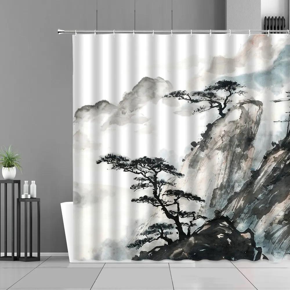 Waterproof Ink Painting Bamboo Leaves Bird Shower Curtains, Mountain Water Plant Landscape, Bathroom Curtain, Home Decor