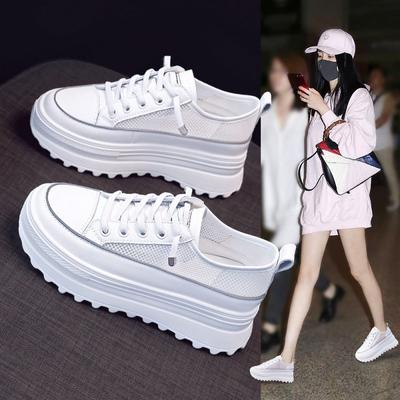 Chaussures Blanches à Plateforme pour Femmes Été Nouveau Maille Respirante Polyvalentes Basses Décontractées Semelle Intérieure Augmentant la Hauteur Chaussures à Lacets