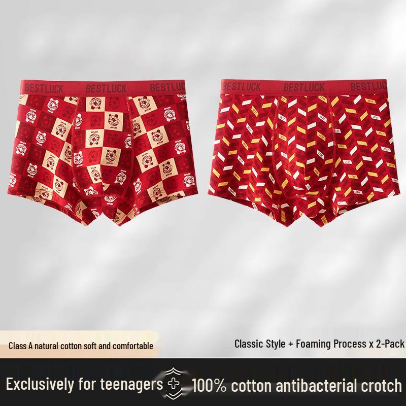 A-grade pure cotton red underwear for teenage boys (15-18) during growth spurts; autumn/winter, non-chafing, zodiac-themed.