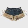 ZYLLO New Women's Retro Design Fluffy Splicing Jeans Shorts Y2k Low-rise Strap Slim Hot Pants