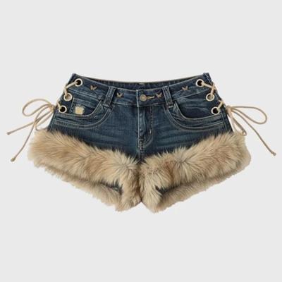 LUXEON New Women's Retro Design Fluffy Splicing Jeans Shorts Y2k Low-rise Strap Slim Hot Pants