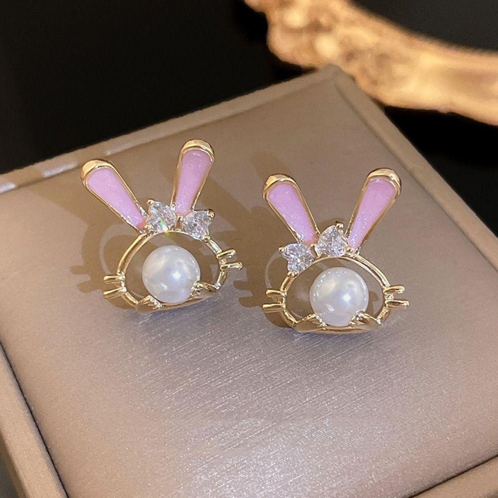 

Flower Rabbit Girl Gift Pearl Zircon Stud Earrings Ear Studs Korean Style Earrings Women Earrings